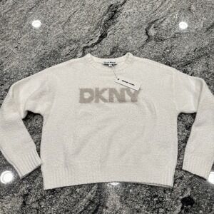 DKNY Jeans Size Medium Logo Sweater Soft and Cozy Warm Gray White Fuzzy NWT #271